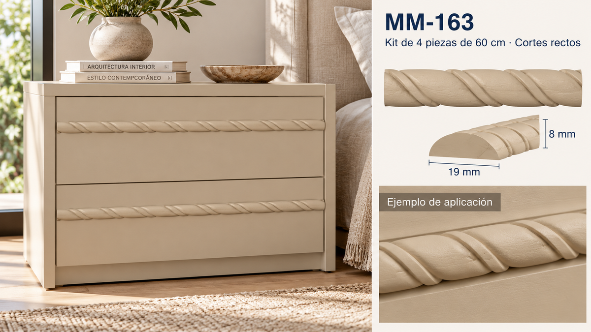 Kit 8 Molduras Media Caña Grabadas MM-163 de Madera | 55 cm c/u | Pino Natural