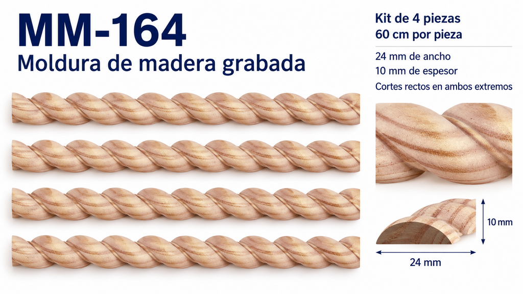 Kit 8 Molduras Media Caña Grabadas MM-164 de Madera | 55 cm c/u | Pino Natural