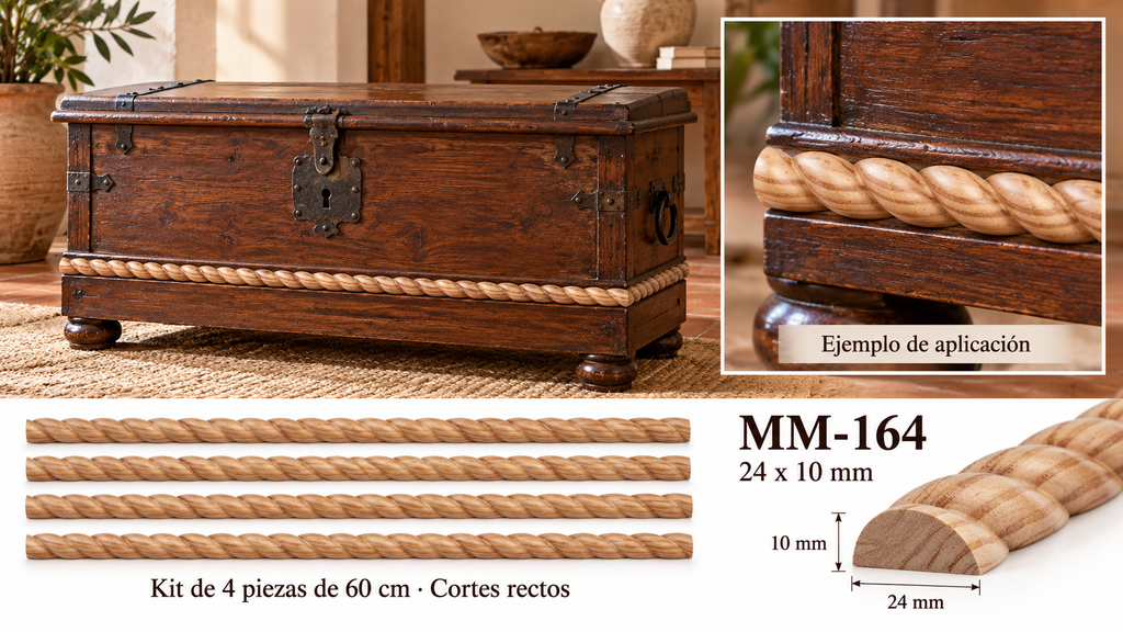 Kit 8 Molduras Media Caña Grabadas MM-164 de Madera | 55 cm c/u | Pino Natural