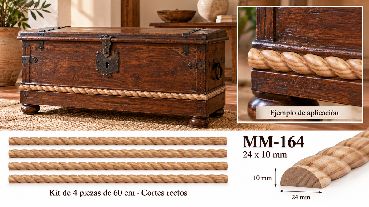 Kit 8 Molduras Media Caña Grabadas MM-164 de Madera | 55 cm c/u | Pino Natural