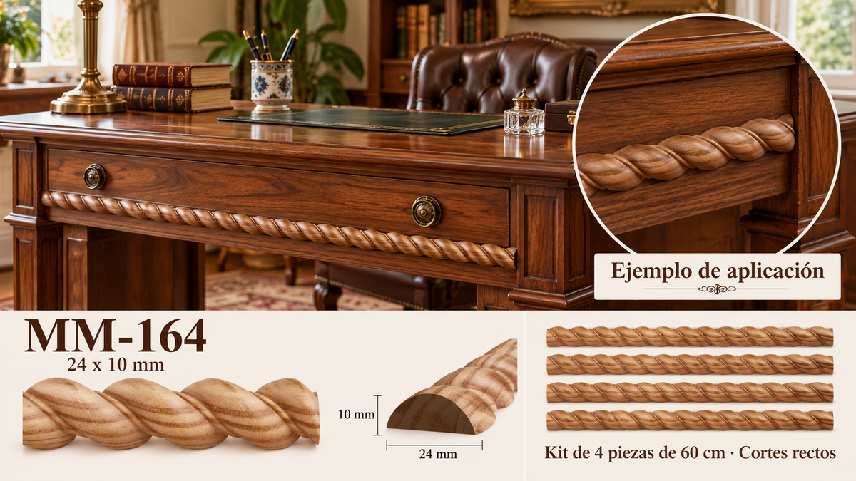 Kit 8 Molduras Media Caña Grabadas MM-164 de Madera | 55 cm c/u | Pino Natural