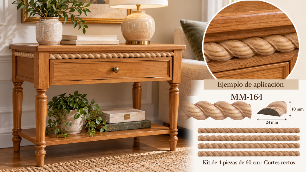 Kit 8 Molduras Media Caña Grabadas MM-164 de Madera | 55 cm c/u | Pino Natural