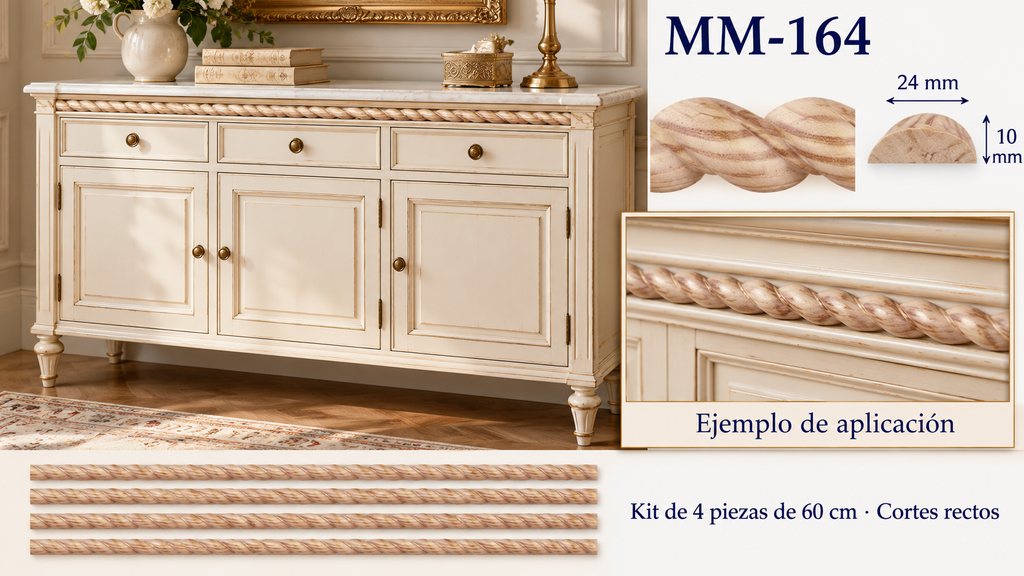 Kit 8 Molduras Media Caña Grabadas MM-164 de Madera | 55 cm c/u | Pino Natural