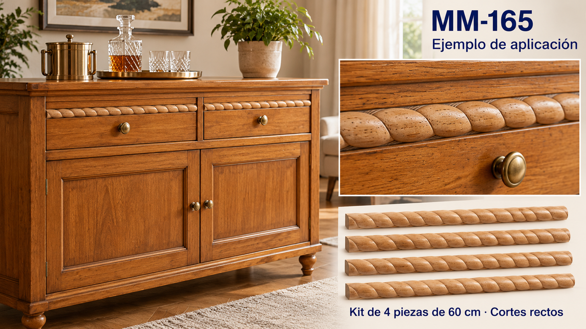 Kit 8 Molduras Media Caña Grabadas MM-165 de Madera | 55 cm c/u | Pino Natural