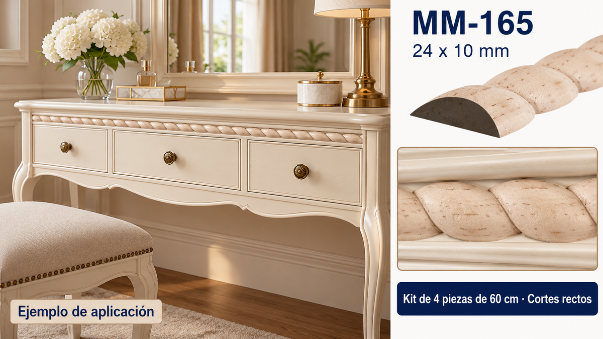 Kit 8 Molduras Media Caña Grabadas MM-165 de Madera | 55 cm c/u | Pino Natural