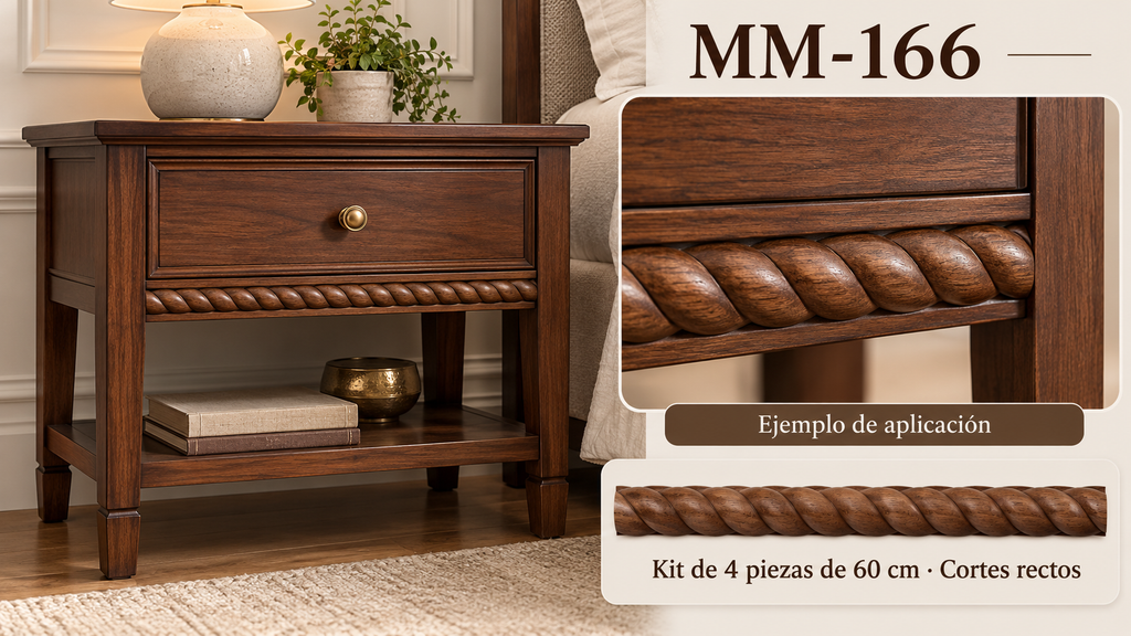 Kit 8 Molduras Media Caña Grabadas MM-166 de Madera | 55 cm c/u | Pino Natural
