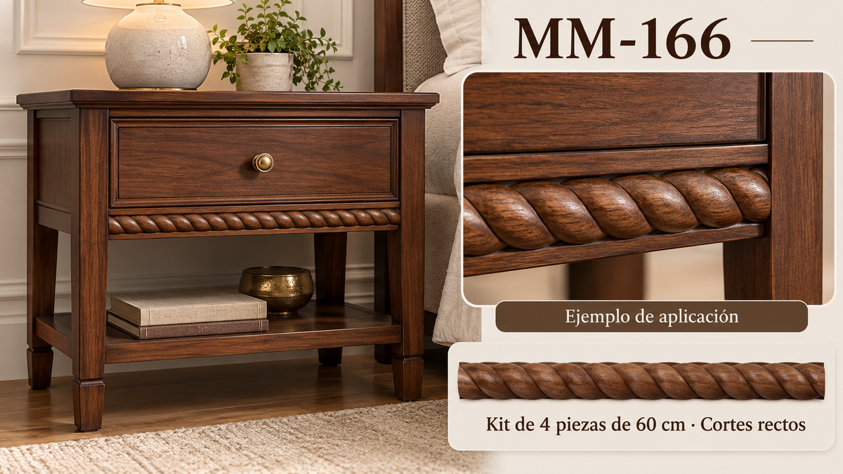 Kit 8 Molduras Media Caña Grabadas MM-166 de Madera | 55 cm c/u | Pino Natural