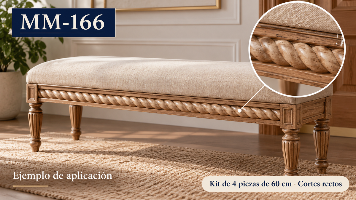 Kit 8 Molduras Media Caña Grabadas MM-166 de Madera | 55 cm c/u | Pino Natural