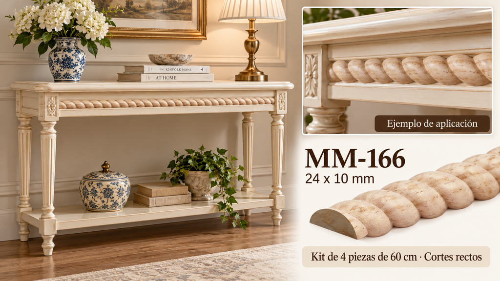 Kit 8 Molduras Media Caña Grabadas MM-166 de Madera | 55 cm c/u | Pino Natural