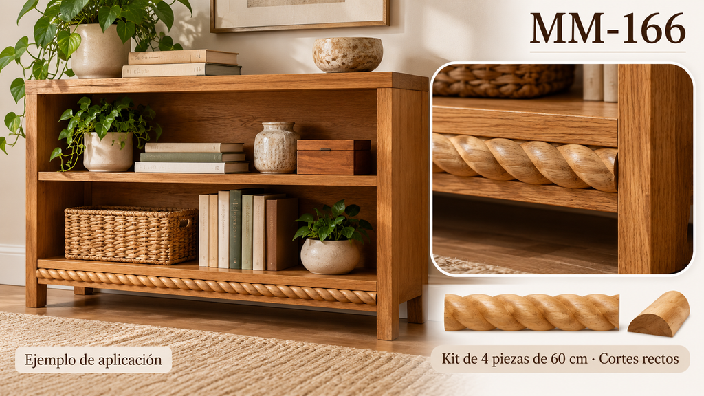 Kit 8 Molduras Media Caña Grabadas MM-166 de Madera | 55 cm c/u | Pino Natural