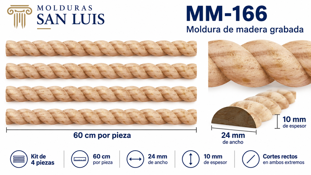Kit 8 Molduras Media Caña Grabadas MM-166 de Madera | 55 cm c/u | Pino Natural