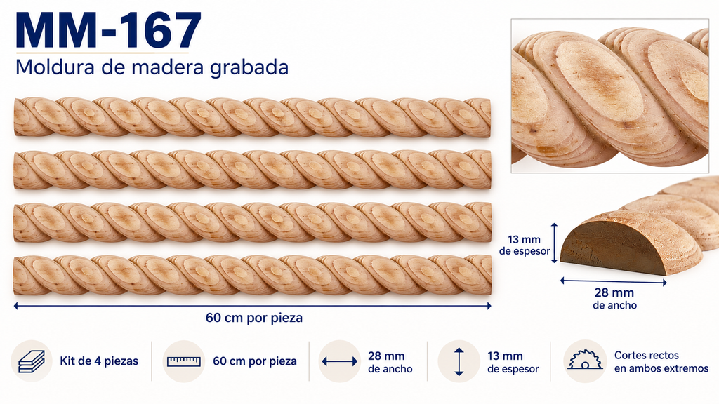 Kit 8 Molduras Media Caña Grabadas MM-167 de Madera | 55 cm c/u | Pino Natural