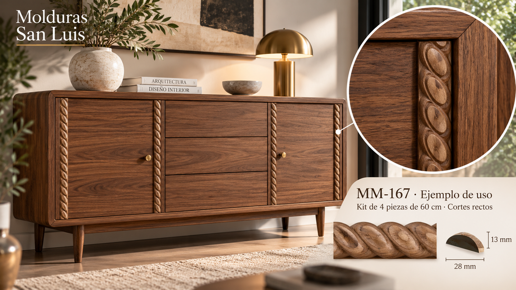 Kit 8 Molduras Media Caña Grabadas MM-167 de Madera | 55 cm c/u | Pino Natural