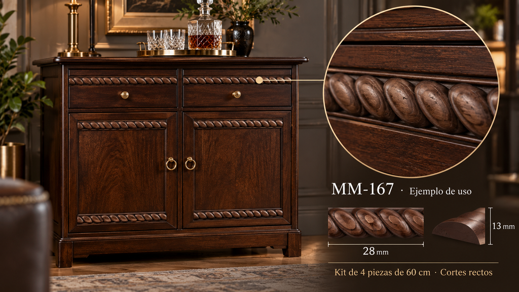 Kit 8 Molduras Media Caña Grabadas MM-167 de Madera | 55 cm c/u | Pino Natural