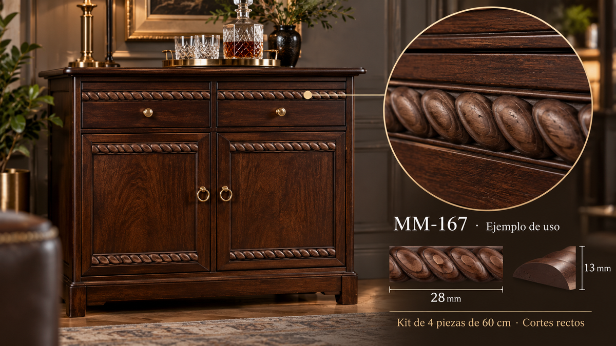 Kit 8 Molduras Media Caña Grabadas MM-167 de Madera | 55 cm c/u | Pino Natural