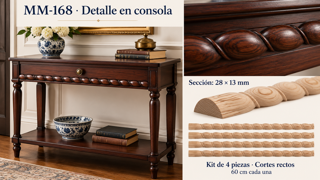 Kit 8 Molduras Media Caña Grabadas MM-168 de Madera | 55 cm c/u | Pino Natural