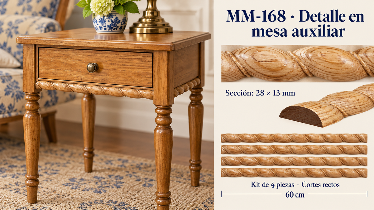 Kit 8 Molduras Media Caña Grabadas MM-168 de Madera | 55 cm c/u | Pino Natural
