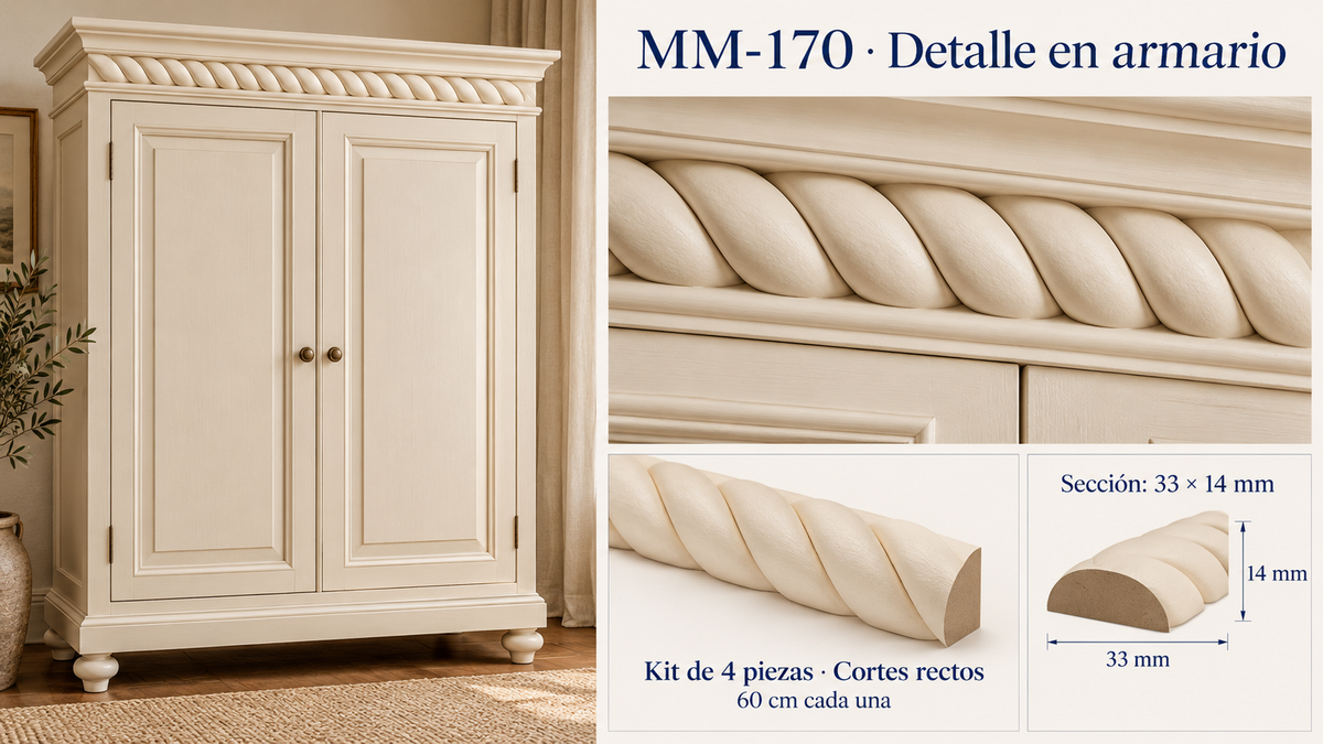 Kit 8 Molduras Media Caña Grabadas MM-170 de Madera | 55 cm c/u | Pino Natural