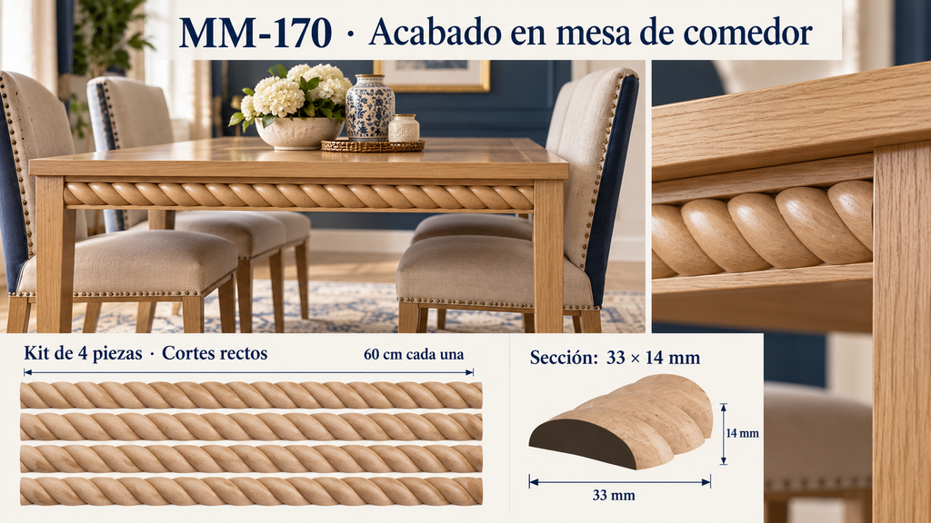 Kit 8 Molduras Media Caña Grabadas MM-170 de Madera | 55 cm c/u | Pino Natural