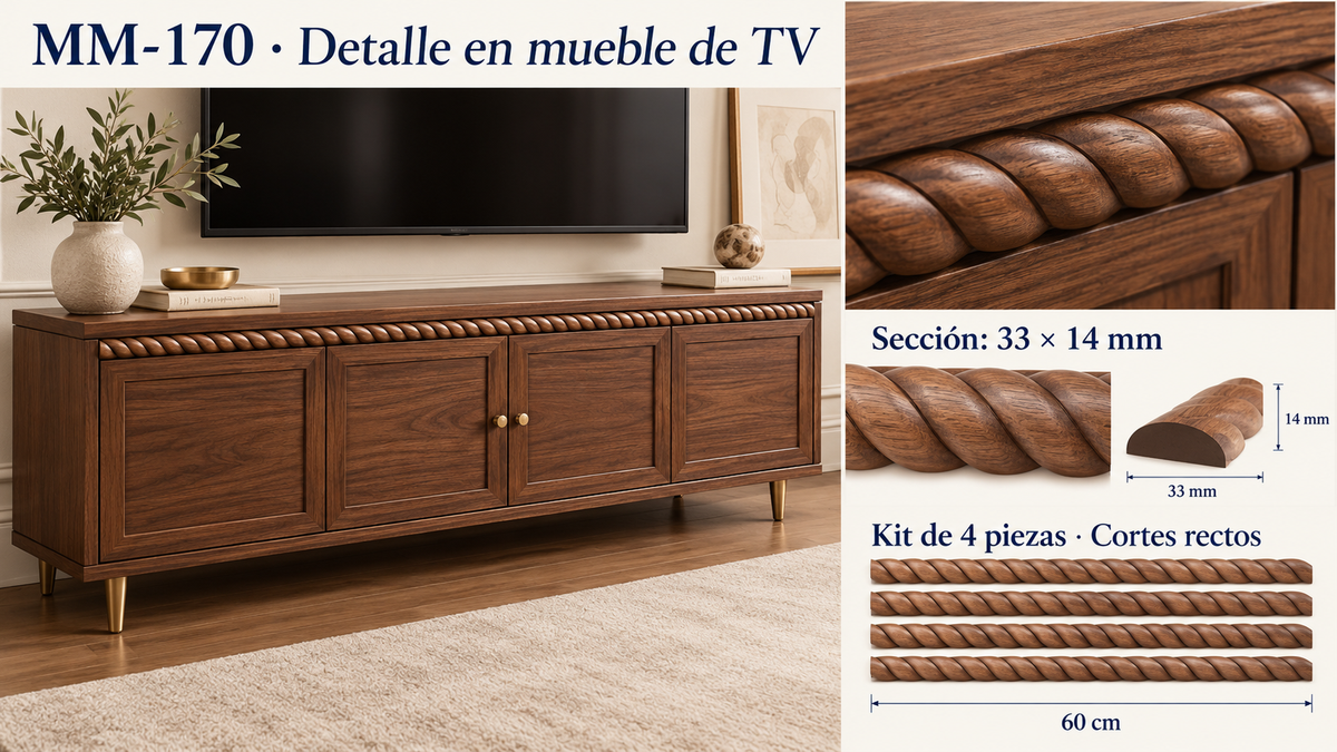 Kit 8 Molduras Media Caña Grabadas MM-170 de Madera | 55 cm c/u | Pino Natural