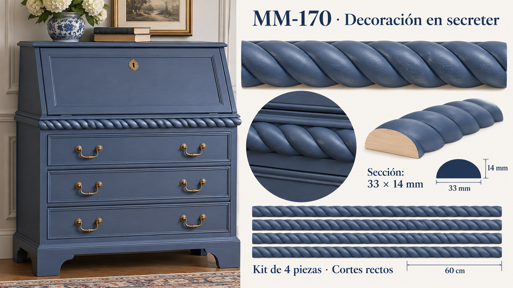 Kit 8 Molduras Media Caña Grabadas MM-170 de Madera | 55 cm c/u | Pino Natural