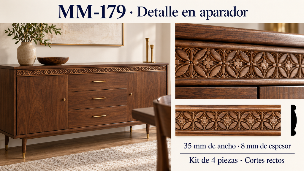 Moldura de madera grabada para mueble MM-179 – Kit de 4 Piezas
