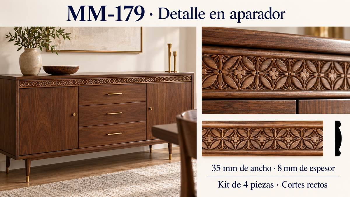 Moldura de madera grabada para mueble MM-179 – Kit de 4 Piezas