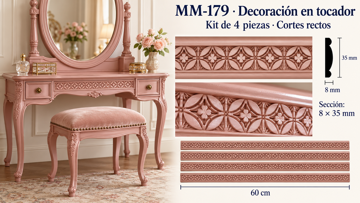 Moldura de madera grabada para mueble MM-179 – Kit de 4 Piezas