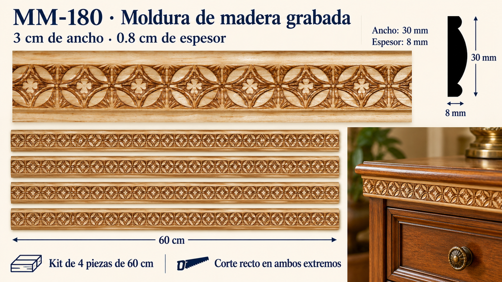 Moldura de madera grabada para mueble MM-180 – Kit de 4 Piezas