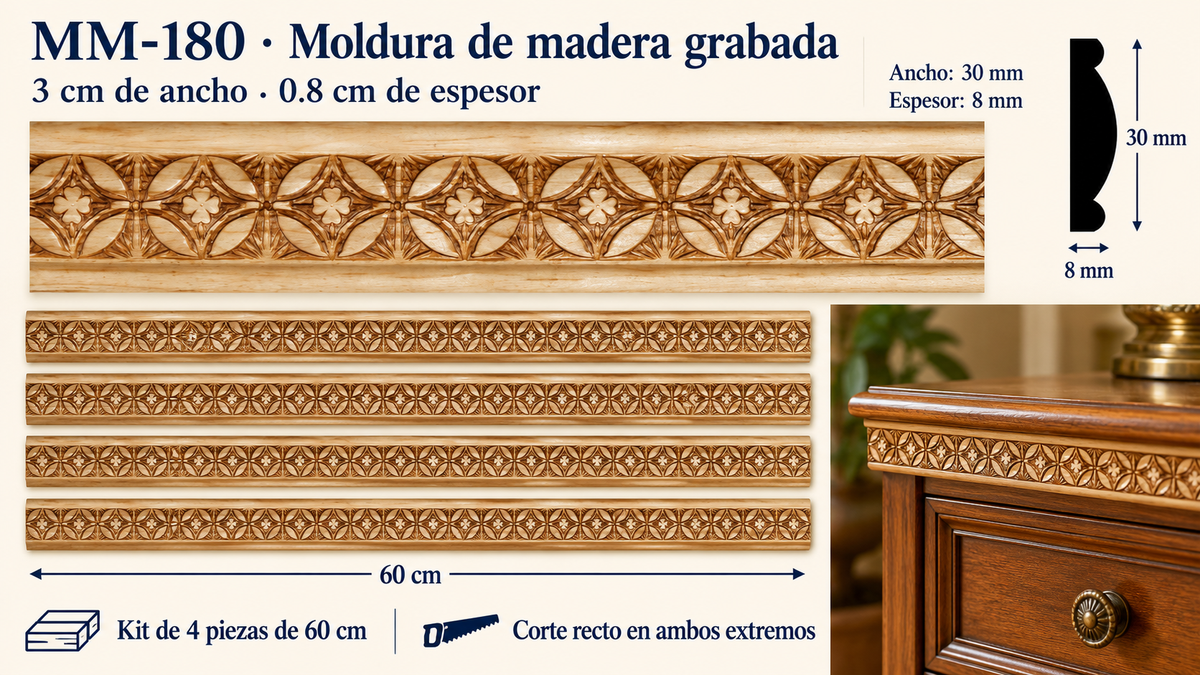 Moldura de madera grabada para mueble MM-180 – Kit de 4 Piezas