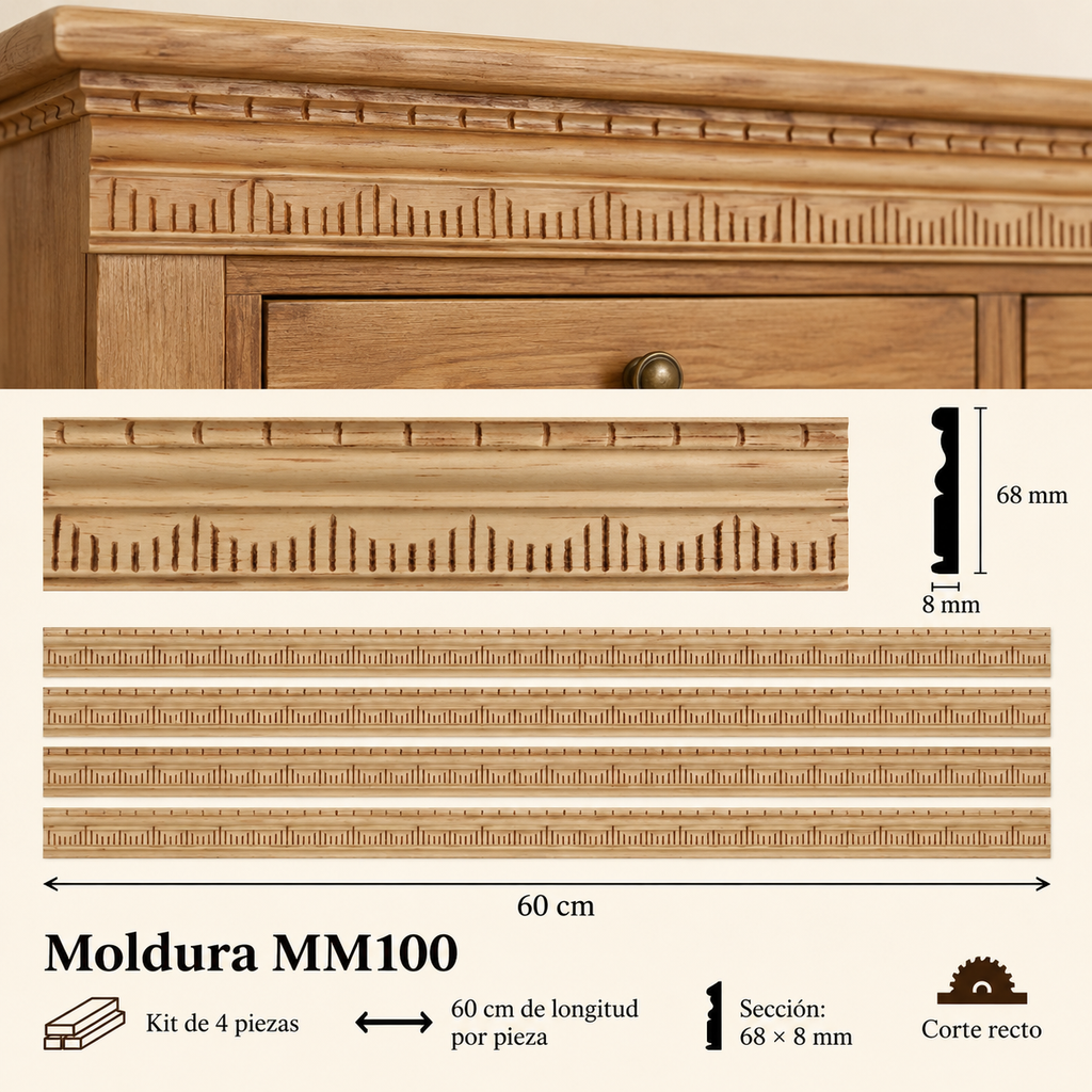 Moldura de madera grabada para mueble MM-100 – Kit de 4 piezas