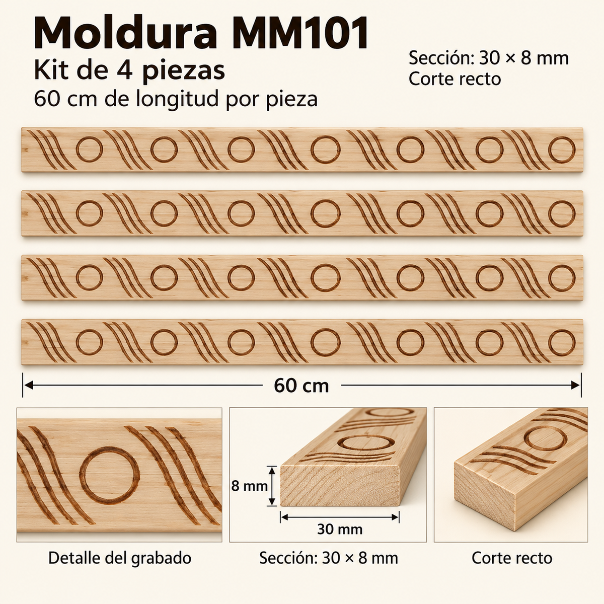 Moldura de madera grabada para mueble MM-101 – Kit de 4 piezas