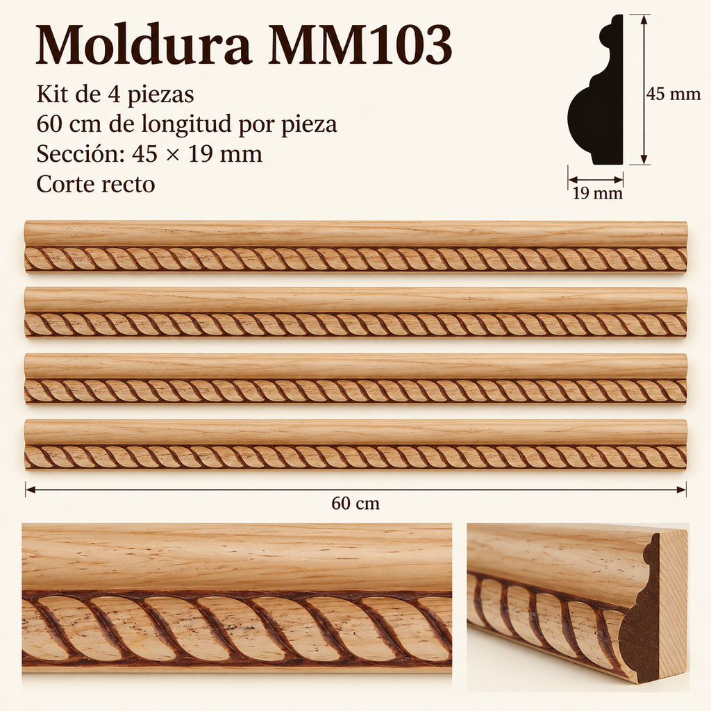 Moldura de madera grabada para mueble MM-103 – Kit de 4 piezas