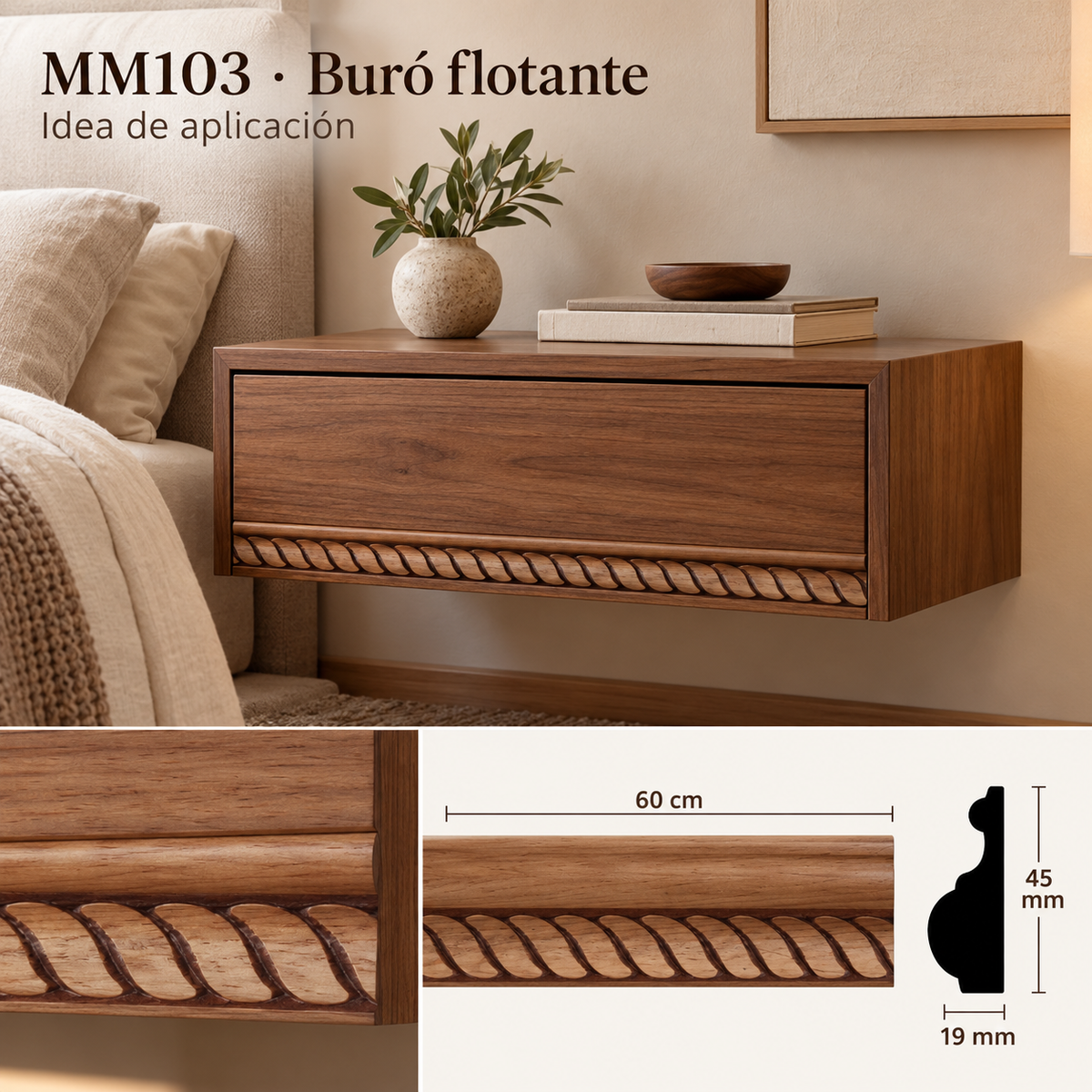 Moldura de madera grabada para mueble MM-103 – Kit de 4 piezas