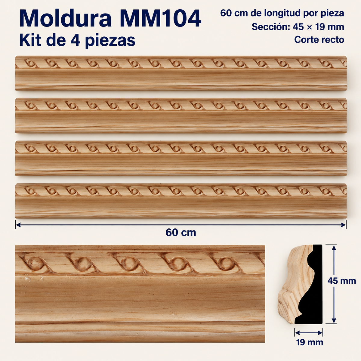 Moldura de madera grabada para mueble MM-104 – Kit de 2 piezas