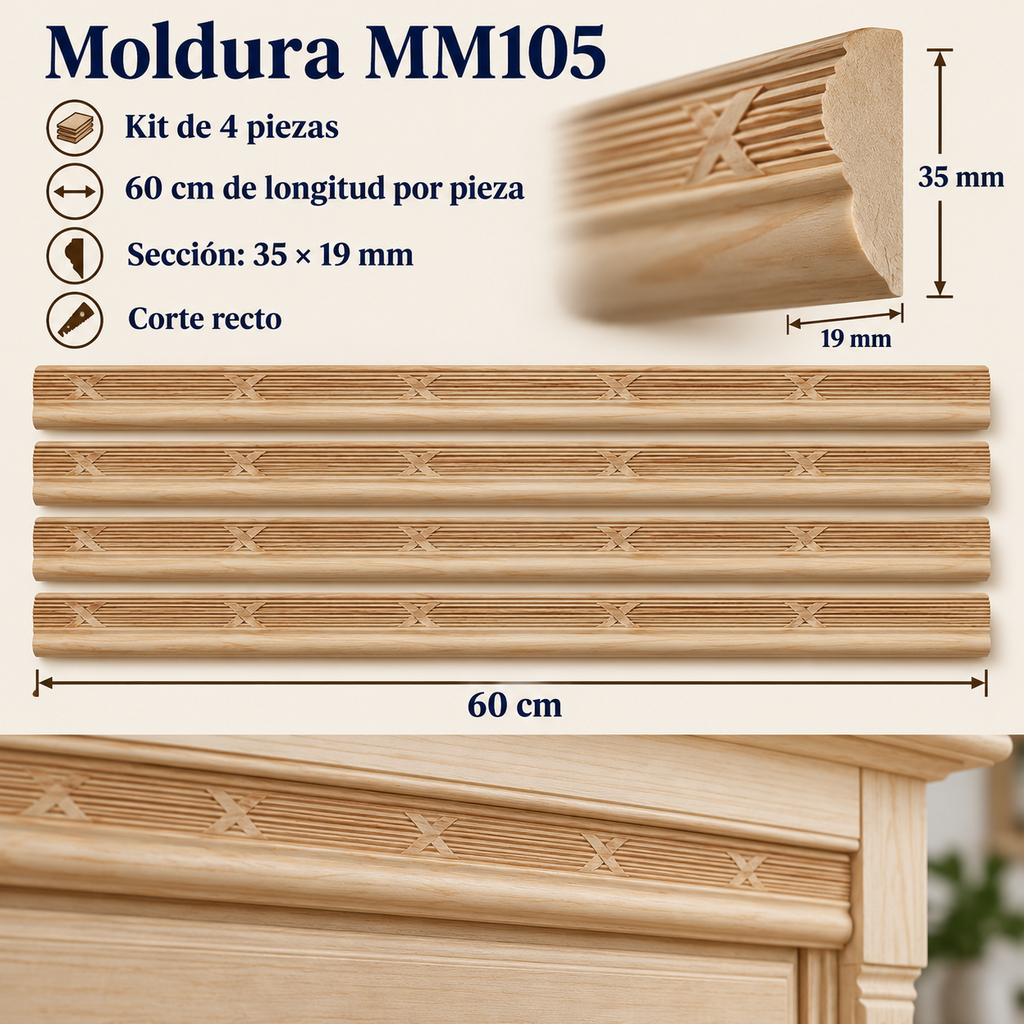 Moldura de madera grabada para mueble MM-105 – Kit de 4 piezas
