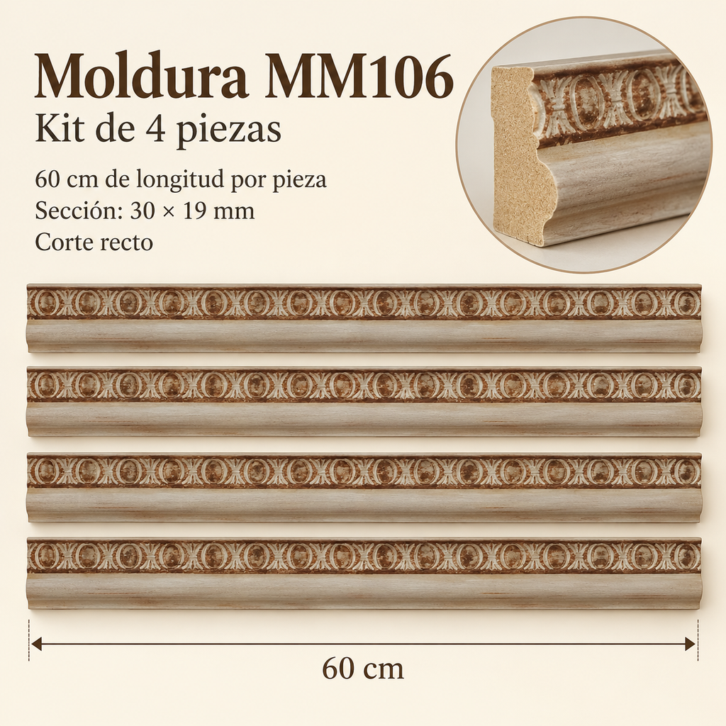 Moldura de madera grabada para mueble MM-106 – Kit de 4 piezas