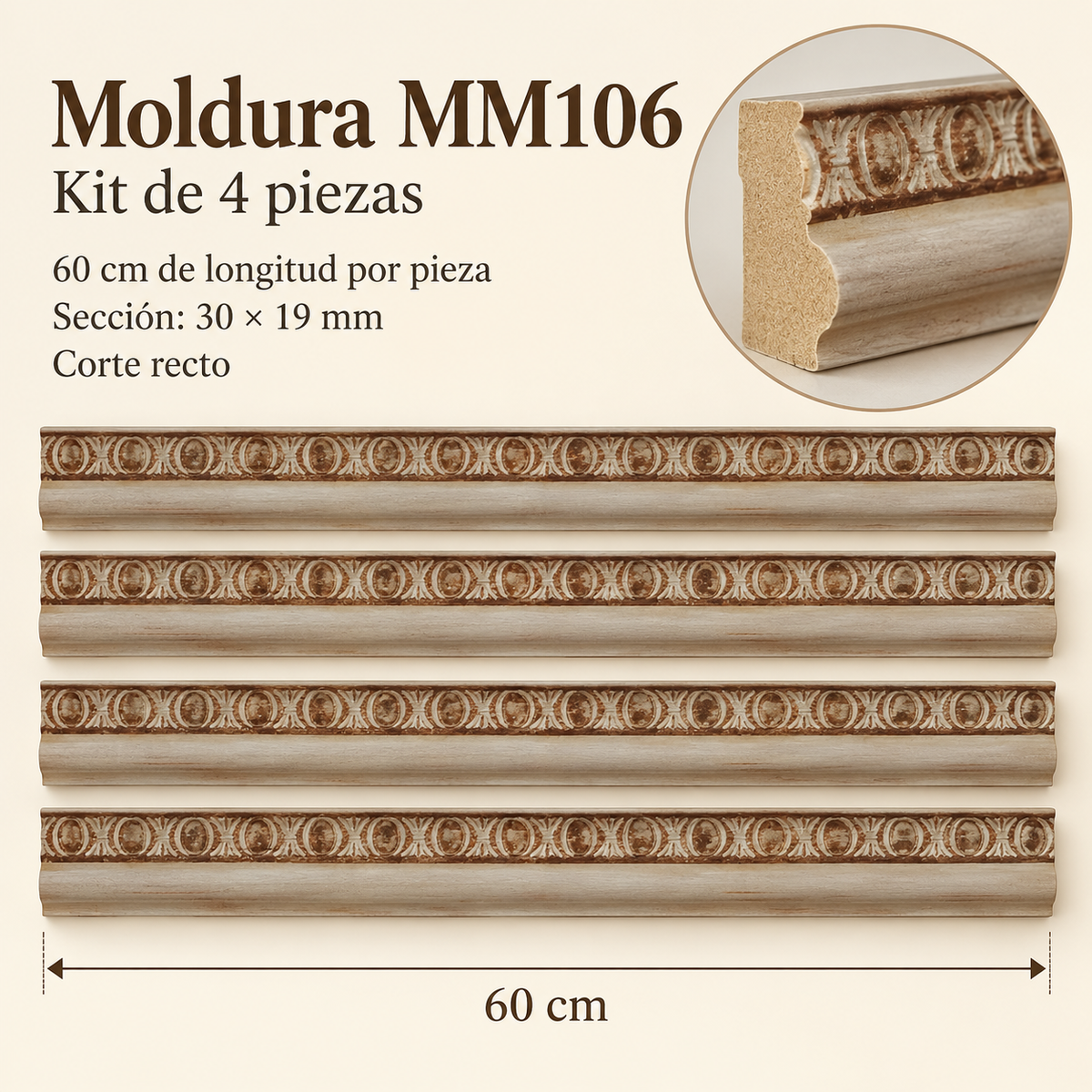 Moldura de madera grabada para mueble MM-106 – Kit de 4 piezas