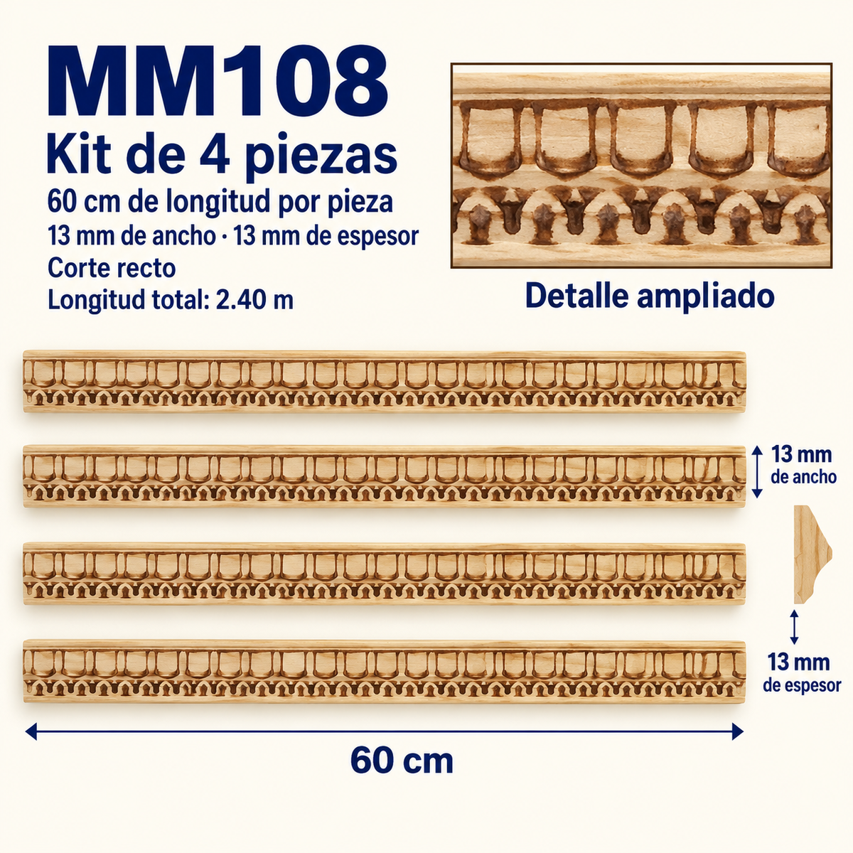 Moldura de madera grabada para mueble MM-107 – Kit de 4 piezas