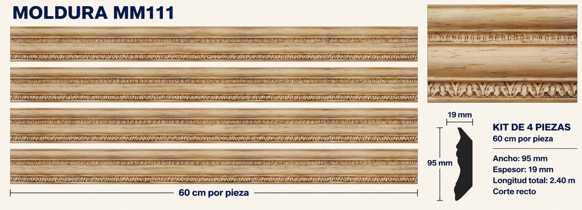Moldura de madera grabada para mueble MM-111 – Kit de 4 piezas