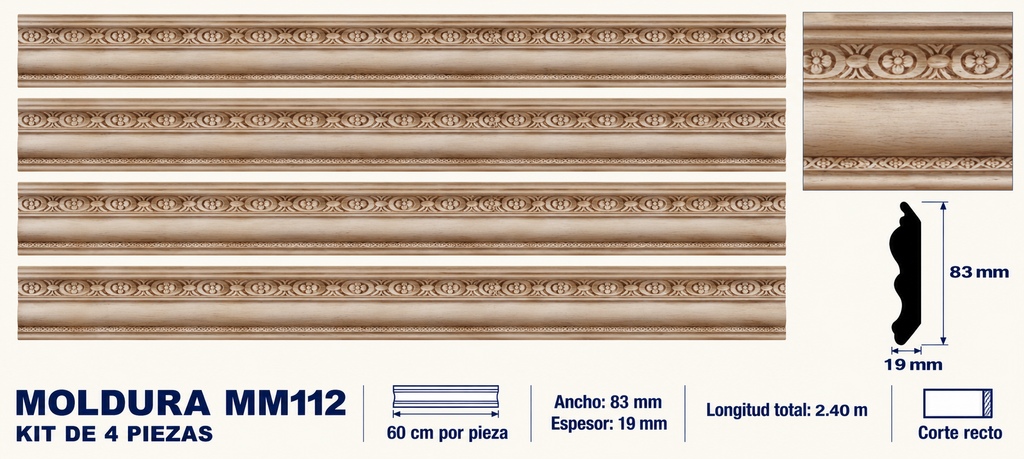 Moldura de madera grabada para mueble MM-112 – Kit de 4 piezas