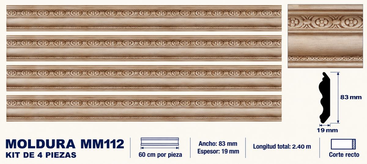 Moldura de madera grabada para mueble MM-112 – Kit de 4 piezas