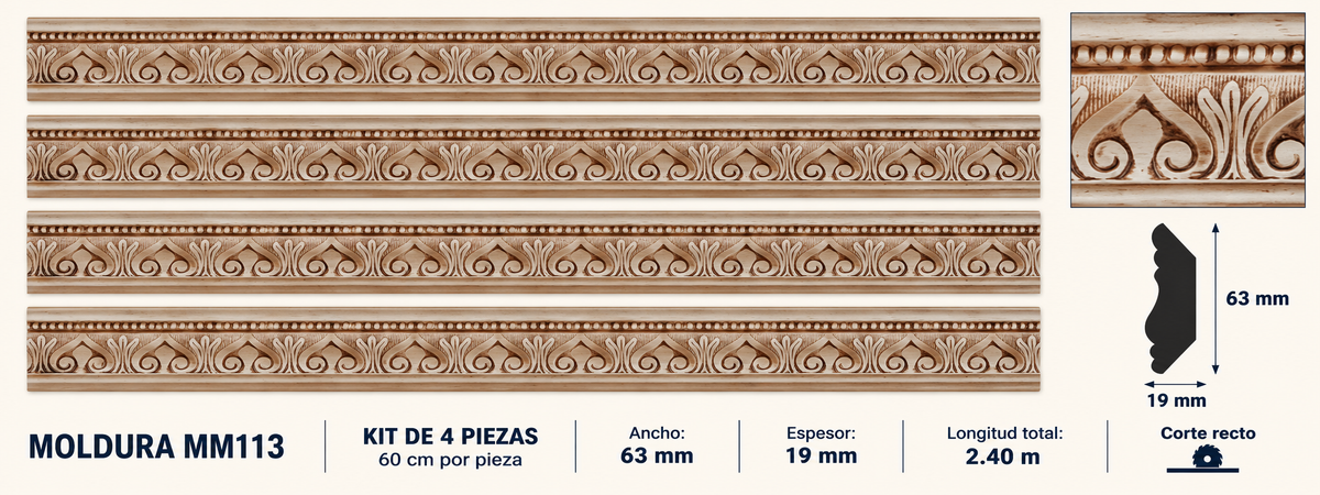 Moldura de madera grabada para mueble MM-113 – Kit de 4 piezas