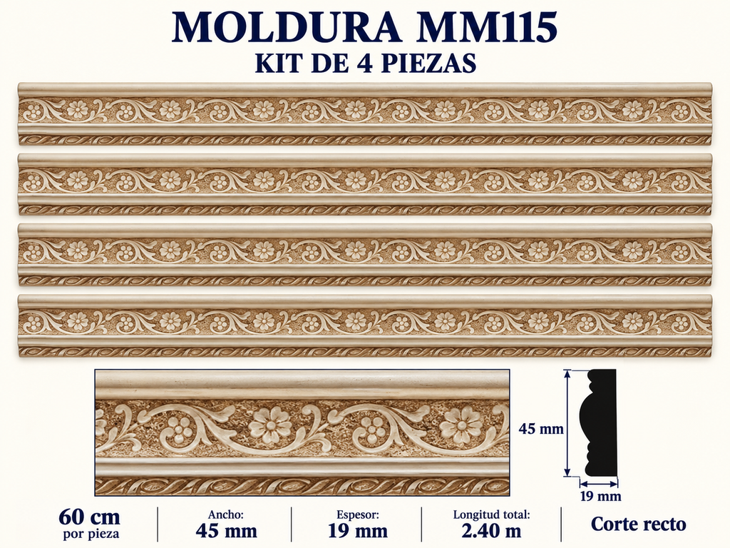 Moldura de madera grabada para mueble MM-115 – Kit de 4 piezas