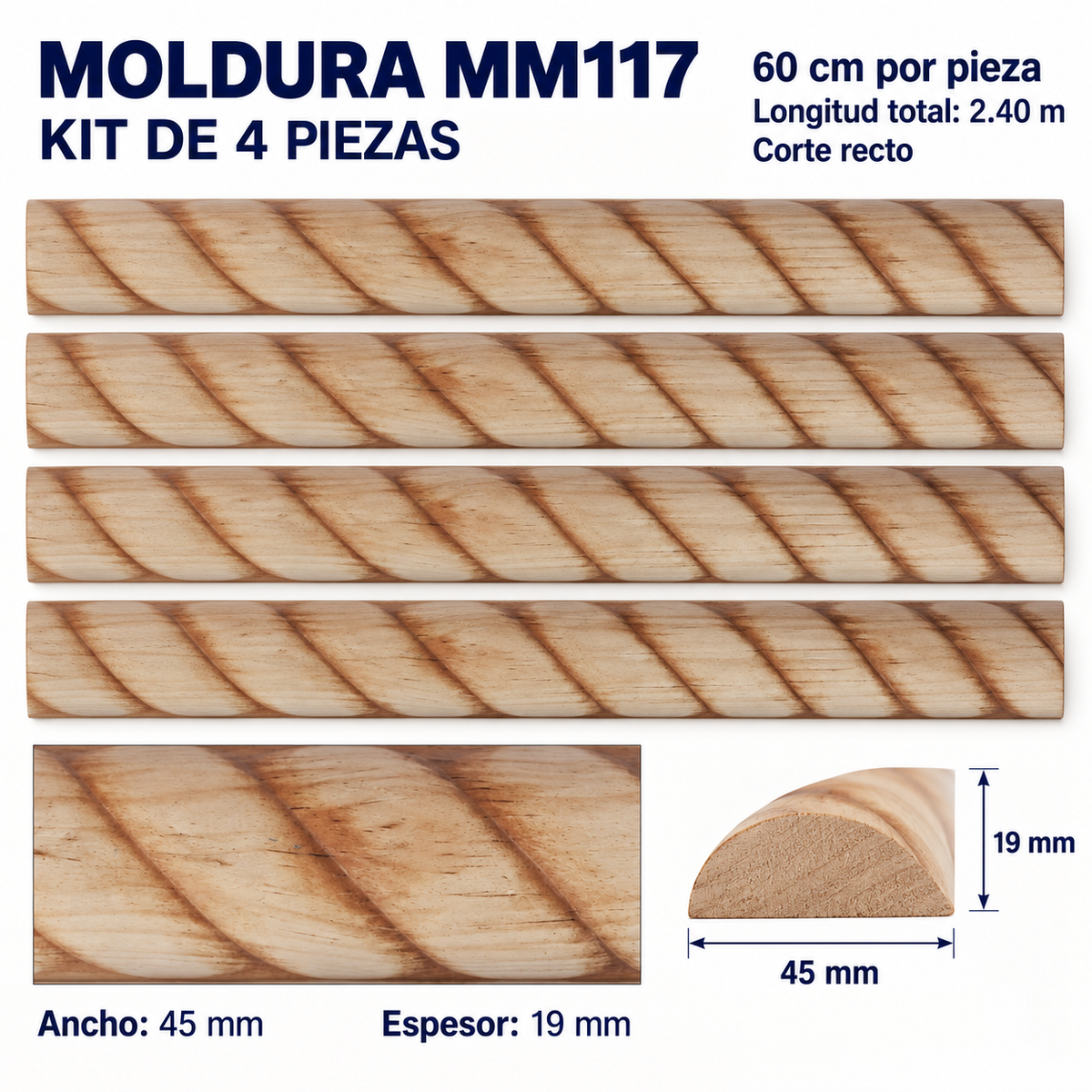 Moldura de madera grabada para mueble MM-117 – Kit de 4 piezas