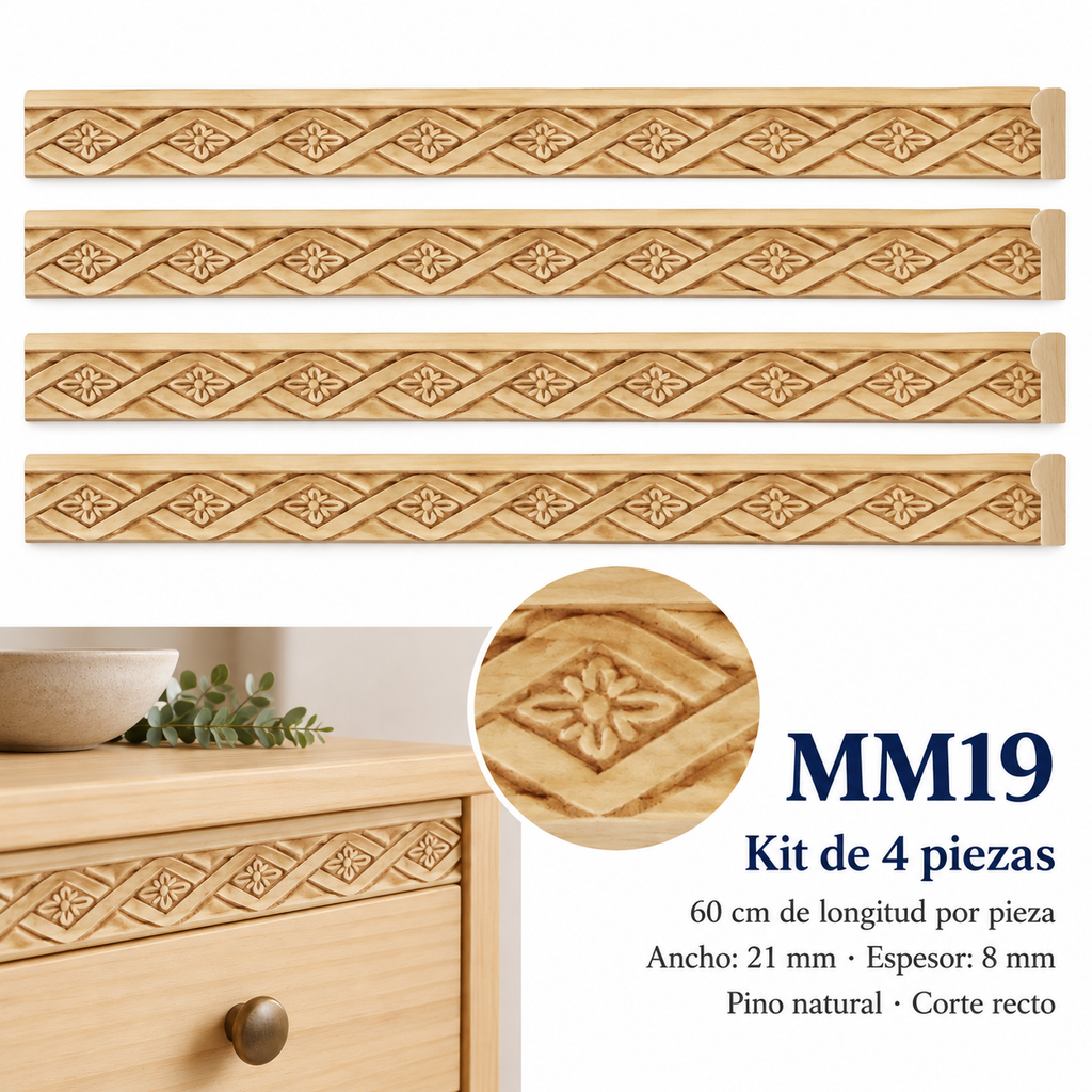 Moldura de madera grabada para mueble MM-19 – Kit de 4 piezas