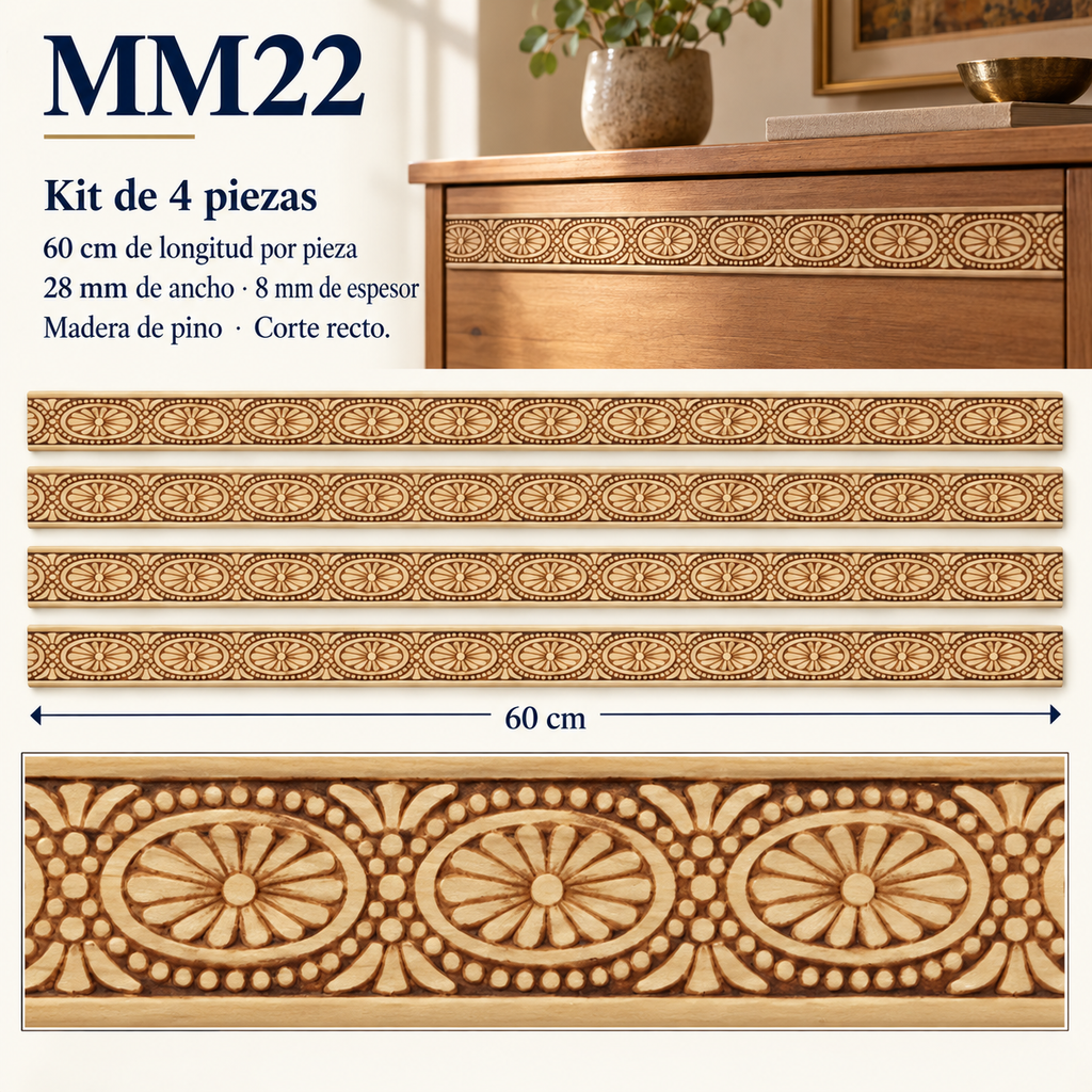 Moldura de madera grabada para mueble MM-22 – Kit de 4 piezas