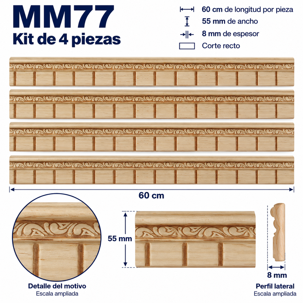 Moldura de madera grabada para mueble MM-77 – Kit de 4 piezas