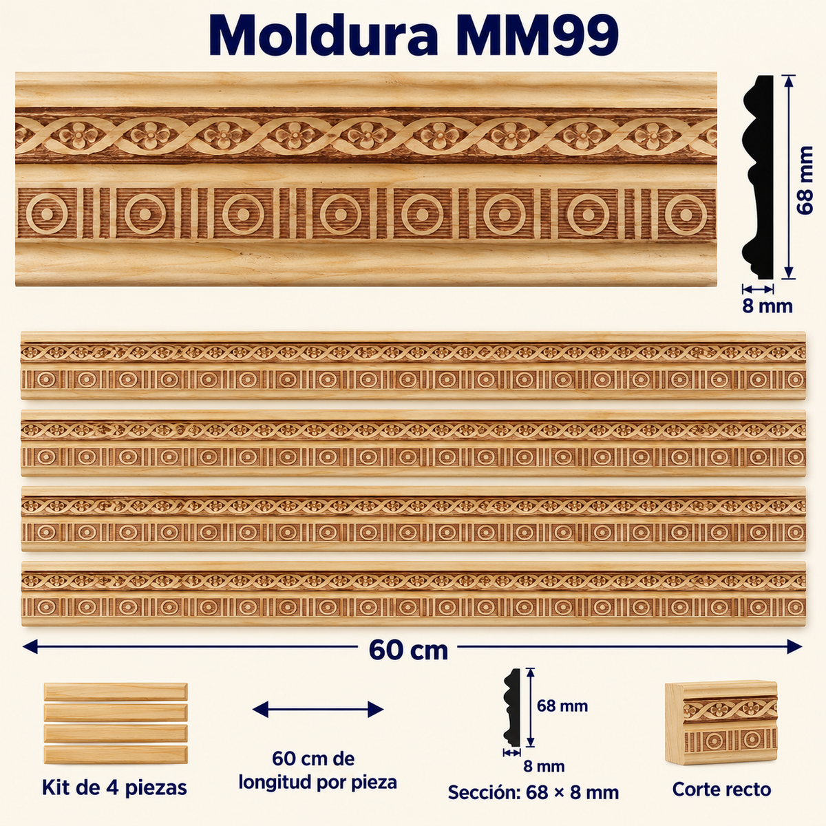 Moldura de madera grabada para mueble MM-99 – Kit de 4 piezas