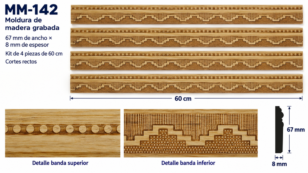 Moldura de madera grabada para mueble MM-142 – Kit de 4 piezas